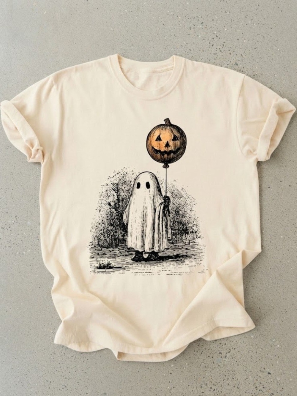 Spooky Halloween Ghost Pumpkin Balloon Tee Gildan T-Shirt Cream